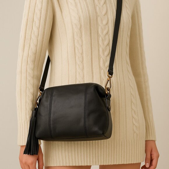 Madewell Black Leather Crossbody Bag Tassel Adjustable Strap Brass Hardware - Picture 13 of 15